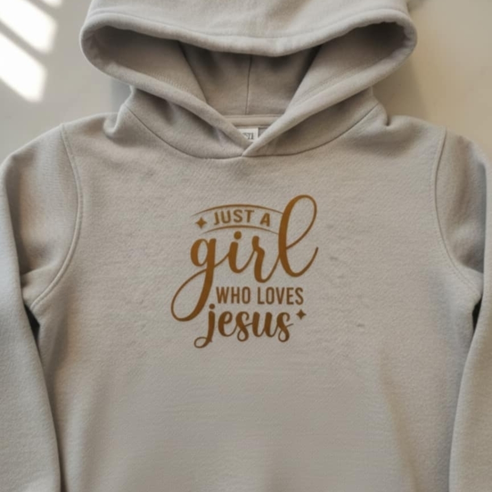 Kids Beige Hoodie - Just a Girl Who Loves Jesus - Picture 3 of 3